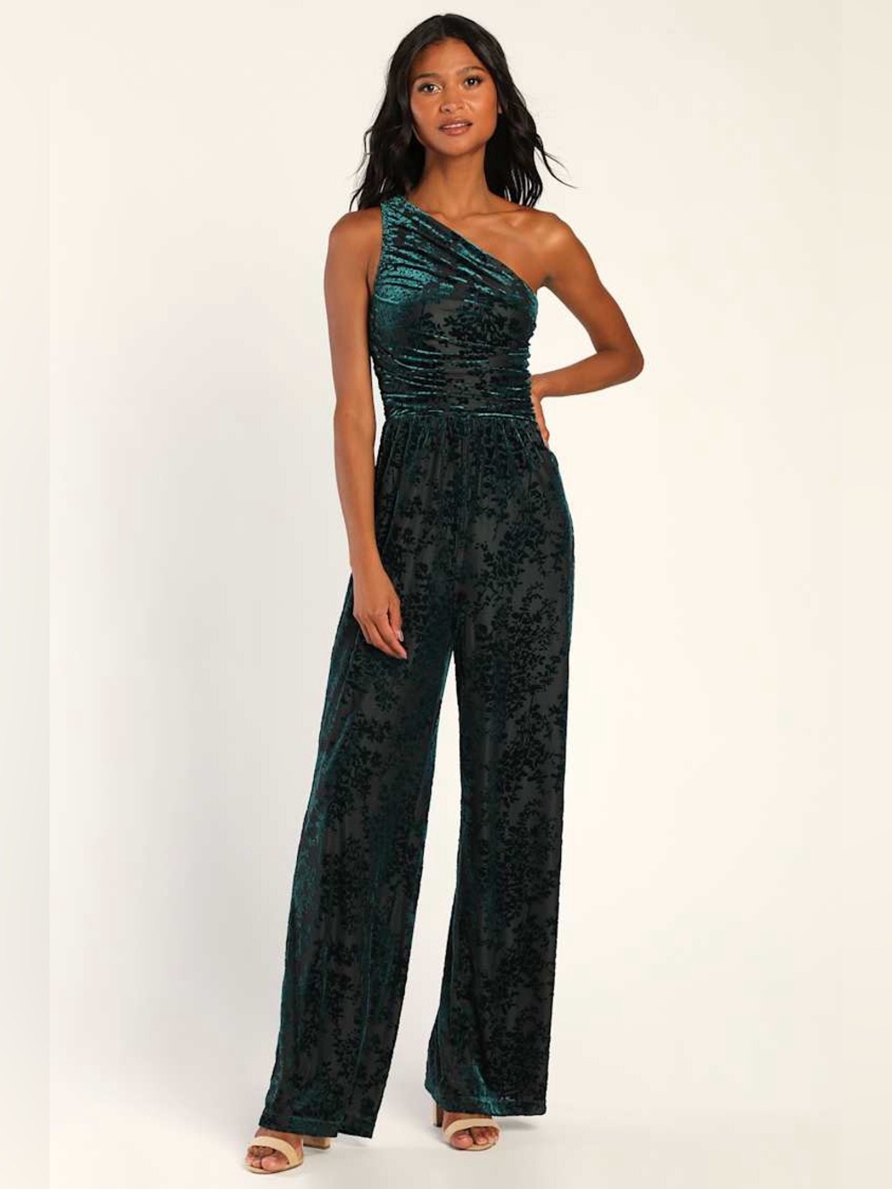 Lulus Elegant Forever Teal Burnout Velvet One-Shoulder Jumpsuit